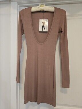 NAKED WARDROBE Loss Angeles Long Sleeve Mini Dress in Mauve Taupe Size S Rayon